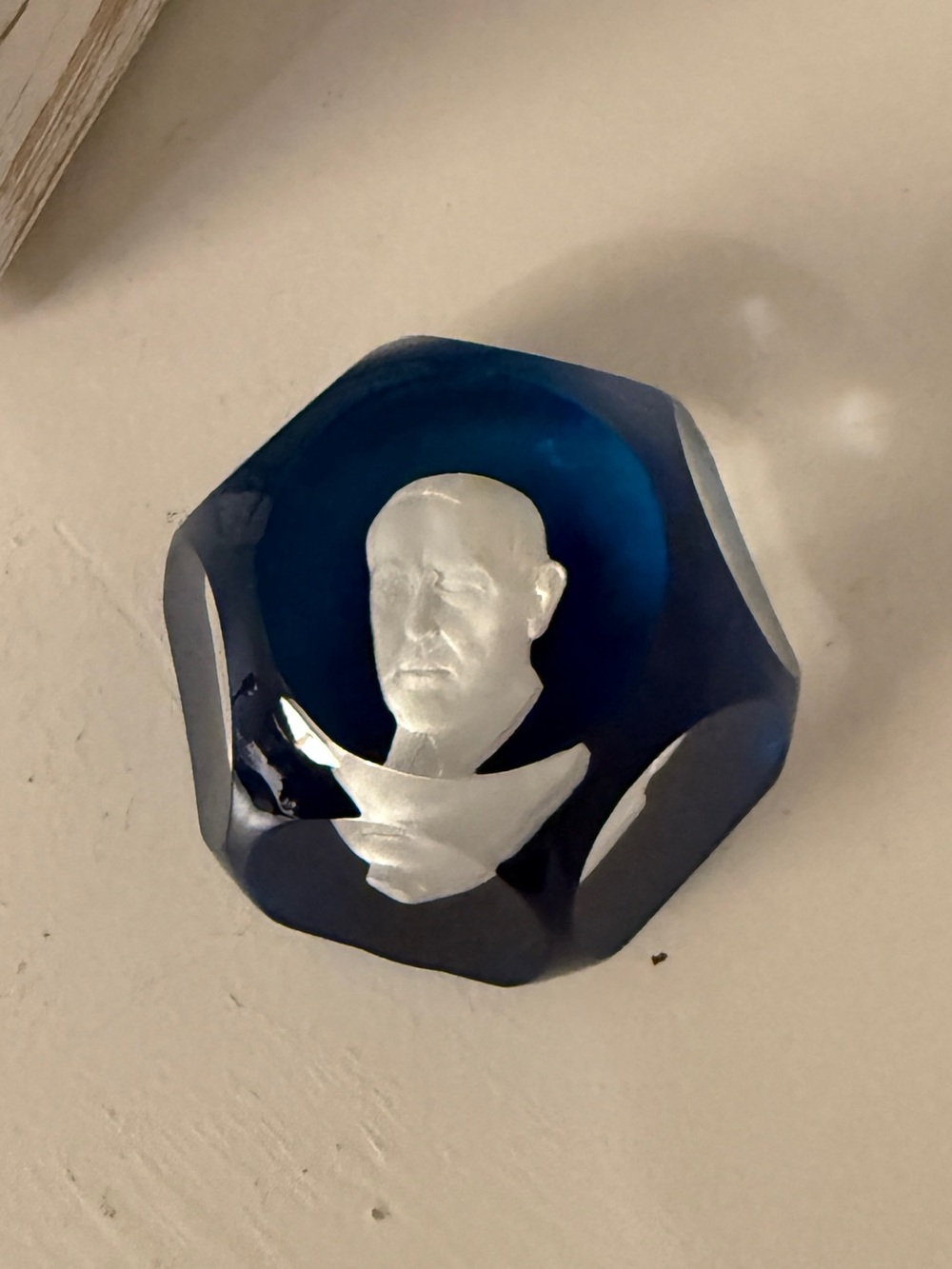 Vintage Baccarat France Woodrow Wilson Blue Crystal Sulphide Cameo Paperweight